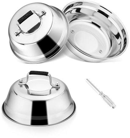 Joyfair Burgerglocke, 3 Stück Edelstahl Burger Glocke mit Gummigriff, Schmelzglocke mit Schraubenzieher für Grill, Steak, Käse, Teppanyaki, Außen & Innen, Schwerlast & Spülmaschinenfest - 16,8 x 6 cm