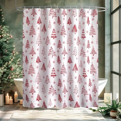 WELTRXE Christmas Shower Curtain, Mould Proof Mildew Resistant Shower Curtain, Red Christmas Tree Pattern, 183X183cm Polyester Bathtub Curtain with 12 Hooks, Weighted Hem, Water Resistant, Quick Dry