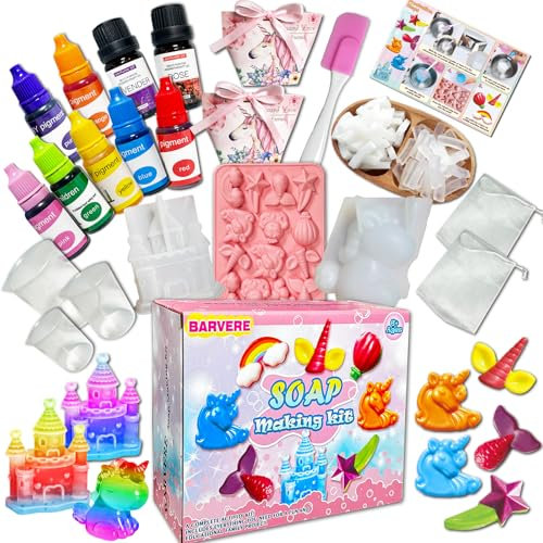 BARVERE Seife Selber Machen Kinder, 500g Seife, 16 Formen, 7 Pigment, 2 Essentielle Öle, 2 Geschenktasche, DIY-Werkzeuge, Seifen Selber Machen Set Erwachsene, Kindergeburtstag Geschenk (Einhorn)