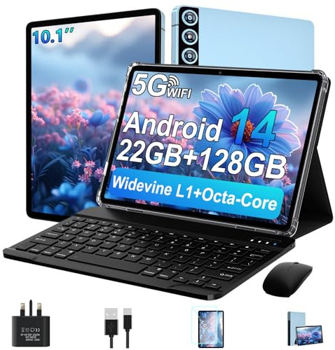 ZIOVO 2025 Newest Tablet Android 14 Tablet 10 Inch, 22GB RAM+128GB ROM(TF 1TB), 5G WiFi,Octa-Core,2.0GHz/8000mAh/ Support Widevine L1/8+5MP/BT 5.0/Widgets/2 in 1 Tablets with Keyboard & Mouse - Blue