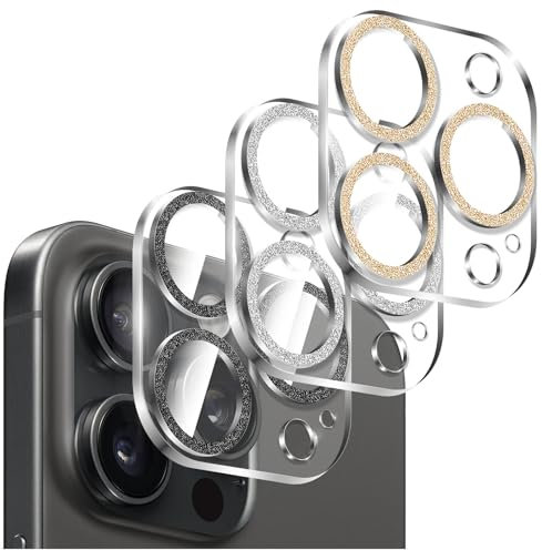 Kucheed 3 Pezzi Protezione per Fotocamera Lucida per iPhone 13 Pro/iPhone 13 Pro Max, Scocca in Acrilico Trasparente Monoblocco con Decorazione Colorata con Glitter Cover Posteriore per Fotocamera