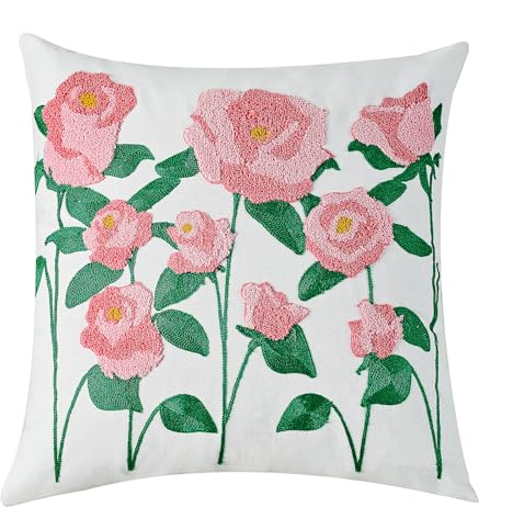 Rosa Rose Blume bestickte Kissenbezüge, bunte dekorative florale quadratische Wurfkissenbezüge für Bauernhaus Wohnzimmer Schlafzimmer Sofa Home Decor Kunst 45 x 45 cm