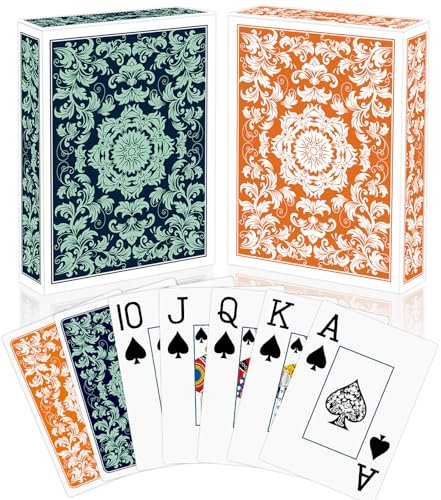 Sondeng Spielkarten 2 Stück Standard Pokerkarten in Großer Druck Designer Profi Poker Karten Spielkarten Kartenspiele für Party Familien (Grün + Orange)