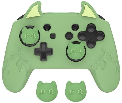 PlayVital Cute Dämon Silikon Hülle für Nintendo Switch Pro Controller, Skin Case Anti-Rutsche Schutzhülle mit Daumengriffkappen und Aufkleber-Matcha Grün