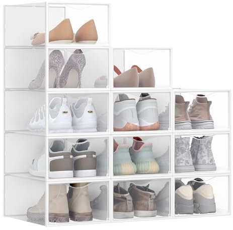 SONGMICS Schuhboxen, Schuh-Organizer aus Kunststoff, mit Tür, durchsichtig, 12er Set, stapelbar, einfache Montage, 33,2 x 23 x 14,5 cm, für Schuhe bis Größe 43, transparent-wolkenweiß LSP312W01