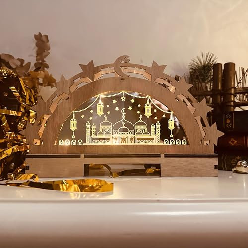 ACAREY Ramadan Deko Holz Beleuchtung, Ramadan Dekoration Schwibbogen Lampe 3D Mond Sterne Eid Mubarak Lighter, Muslimische Deko Ramadan Laterne Für Schlafzimmer Tisch Deko, Ramadan Geschenke