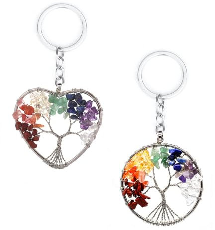 Hugwish 2 pcs lebensbaum schlüsselanhänger, schlüsselanhänger tree of life baum des lebens Naturstein 7 Chakra Heilen Für Geliebte Freunde Mütter