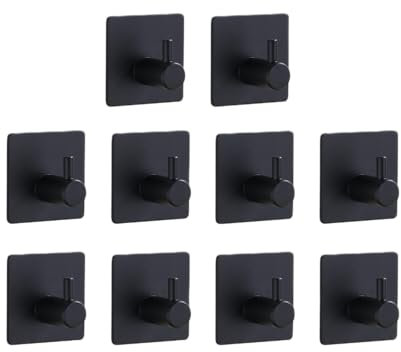 TECBULL® 10 massive Edelstahl Klebehaken - Schwarz matt, Handtuchhaken fürs Bad selbstklebend, Handtuchhalter ohne Bohren, Hochwertige Handtuch Haken, Wandhaken, rostfrei, klassisches Design