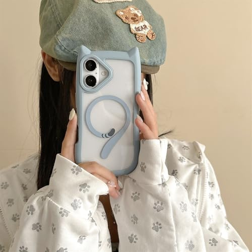 Tybiky Magnetic Case Compatible with iPhone 13 Mini Protective Case Cute 3D Ears Mobile Phone Case Cat Tail Cartoon Design Soft TPU + Shockproof Acrylic Transparent Case for Women Girls Blue