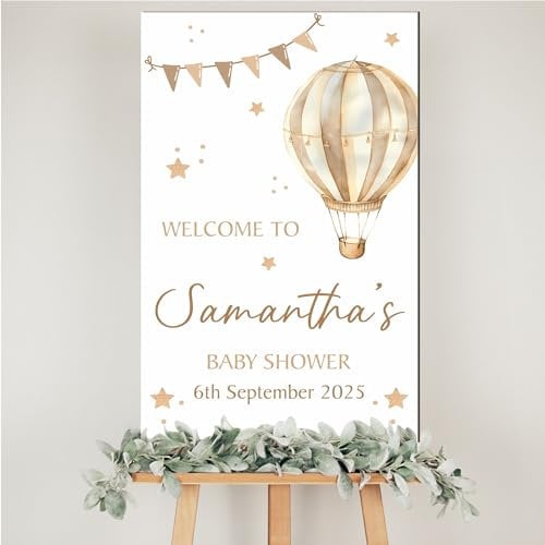 Personalised Baby Shower Welcome Sign – Custom Name & Date, Hot Air Balloon Theme, Baby Name Plaque, Nursery Keepsake, Wooden Gender Reveal Party Decoration (Brown)