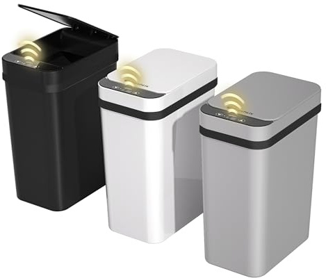 FRESHLIX 3 Pack Bathroom Trash Can 2.6 Gallon Small Touchless Automatic Motion Sensor Trash Cans Slim Waterproof Garbage Bin with Lid for Kitchen, Office, Bedroom Black White Grey