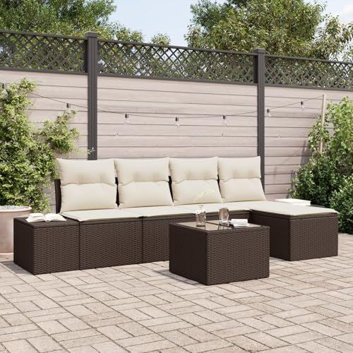vidaXL 5-teiliges Garten-Sofa-Set mit Kissen, modulares Outdoor-Sofa aus braunem Poly-Rattan, wetterfest und verstellbar. Perfekt für Terrasse, Sofas, Couch oder Lounge.