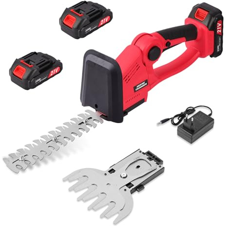 2-in-1 Akku-Heckenschere und Grasschere, 21 V wiederaufladbarer 2000 mAh Lithium-Ionen-Akku, Handkanten- und Strauchschere, 2 austauschbare Klingen für Strauch, Garten, Gras, Rasen und Beschneiden