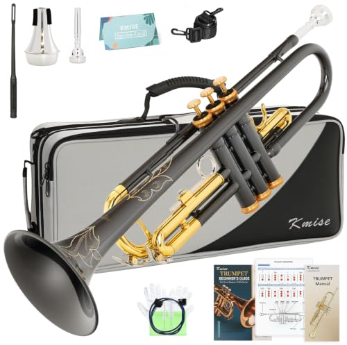 Kmise Bb Standard-Trompete, Premium-Messing-Trompeten für Schüler, Anfänger, Trompeteninstrument-Set mit verbessertem Koffer, 7C-Mundstück, Stummschaltung, Anfängerführungs-Set, Reinigungsset (Schwarz