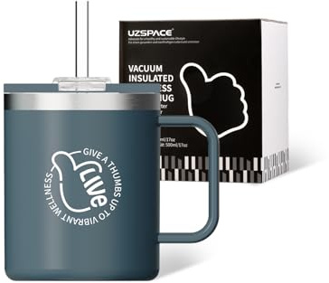 UZSPACE Thermal Mug with Handle 316 Stainless Steel, 500ml Slate Blue | Adult sippy cup for hot drinks, Reusable coffee cups, Insulated coffee mug for hot or cold drinks, Cups with lids and straws