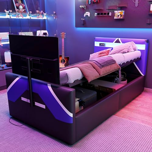 WIZBED Kinderbett 90x200 im E-Sport-Stil mit LED und TV-Halterung, hydraulischem Bettgestell mit Lattenrost, Stauraumbett, Bettrahmen, PU, ohne Matratze, Blau