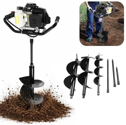 HUOMMGS 72CC Erdbohrer Benzin 4PS Erdlochbohrer 2 Takt Motor 3000W Handheld Gartenbohrer mit 3 Bohrer 6 Zoll/10 Zoll/12 Zoll Hoheleistung Erdlochbohrer für Gärten und Rasenflächen