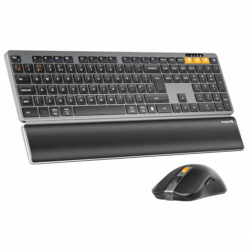 ProtoArc KM60 Bluetooth Wireless Keyboard and Mouse, Rechargeable | Full-Size Comb with Wrist Rest, QWERTY UK Layout, 2.4GHz + Dual Bluetooth, for Office Laptop, PC, Mac, Windows, Space Gray