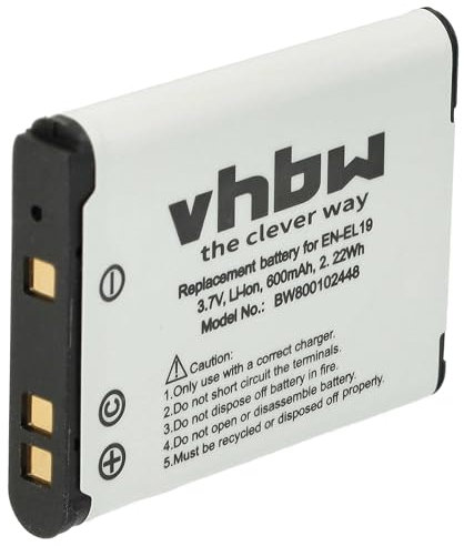 vhbw 1x Batteries Compatible avec Nikon CoolPix S100, S2500, S2550, S2600, A100, S2700, A300 Appareil Photo, Reflex numérique (600mAh, 3,7V, Li-ION)