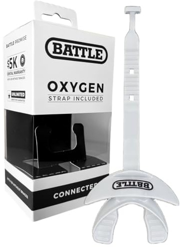 Battle Oxygen Lip Protector Mouth Guard with Connected Strap, Football and Sports Gear, Maximum Oxygen Supply, Mouthpiece Fits With or Without Braces - One Size, White