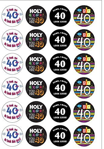 24 Precut Age 40 Forty Fortieth 40th Birthday Edible Wafer Paper Cake Toppers Decorations
