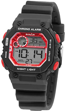 SINAR Jungenuhr Herrenuhr Jugend Armbanduhr Retro-Look Sportuhr Outdoor Digital Quarz 10 bar mit Silikonarmband und Licht Schwarz Rot XE-55-1