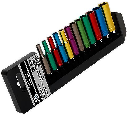 Autojack 1/4 Deep Socket Set 12 Piece Metric Multi Coloured Sockets with Included Storage Rack, Premium Chrome Finish for Corrosion Resistance