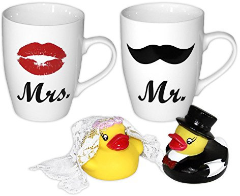 Close Up Mr. & Mrs. Tassen 2-er Set mit Badeenten Brautpaar / 4-TLG. Geschenkset Hochzeit