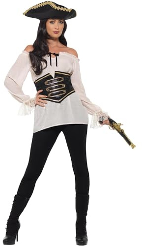 Smiffys Deluxe Pirate Shirt, Ladies, Ivory with Lace Up Waist Cincher, Pirate Fancy Dress, Pirate Dress Up Accessories