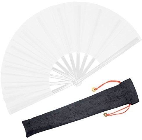 OMyTea Chinese Kung Fu Tai Chi Large Hand Folding Fan for Men/Women - With a Fabric Case for Protection - For Performance/Dance/Fighting/Gift (White)