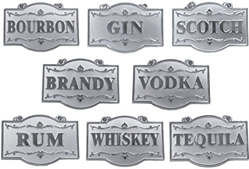 Amlong Plus - Set di etichette per liquori per bottiglie o decanter, colore argento, set di 8 con catena regolabile (Bourbon, Brandy, Gin, Rum, Scotch, Tequila, Vodka e Whiskey)