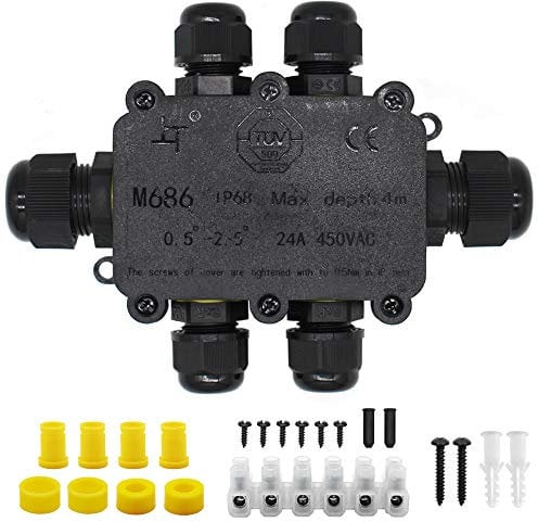 Verteilerdose, Abzweigdose, Junction Box, HUYU IP68 elektrische Außenverteilerdose, Erdkabel Anschlussdose, mit M20/PG9 verstellbaren Kabelverschraubungen, für Kabeldurchmesser Ø 5mm-12mm, 6-Wege