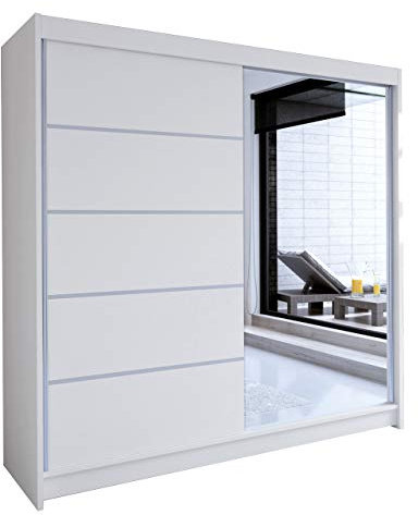 Mirjan24 Schiebetürenschrank Talin III, Aluminiumgleitschienen, Kleiderschrank mit Kleiderstange, Einlegeboden für Schlafzimmer, Diele (Weiß/Weiß + Spiegel, ohne Beleuchtung)