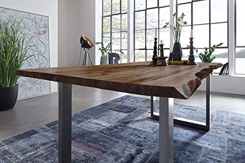 SAM Esstisch NOAH 140x80 cm Akazie nussbaum Baumkante U-Gestell Silber | Baumkantentisch massiv, Akazienholz nussbaumfarben, Esszimmertisch, Unikat