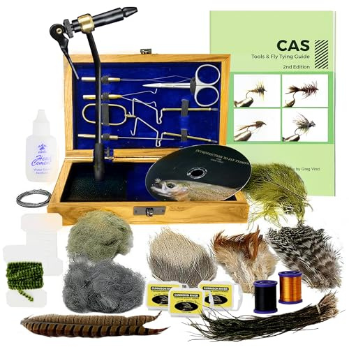 Creative Angler Fly Tying Standard Tool Kit with Wooden Box, Book & DVD, Rotary Vise, Bobbin, Scissors, Whip Finisher, Complete Fly Fishing Set for Beginners & Pros