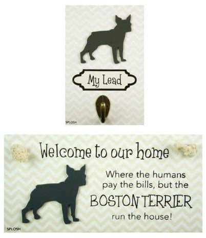 Splosh Boston Terrier Precious Pet Collection. Wooden Dog Lead Hook & Dog Plaque, Dog Accessories Set. Dog Leads Holder Wall Decor & Dog Breed House Sign. Dog Personalised Gifts & Home Decor.