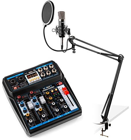 Vonyx Podcast-Starterkit mit USB-Mischpult mit Bluetooth, CMS400 Studiomikrofon, verstellbarem Mikrofonarm und Shockmount.