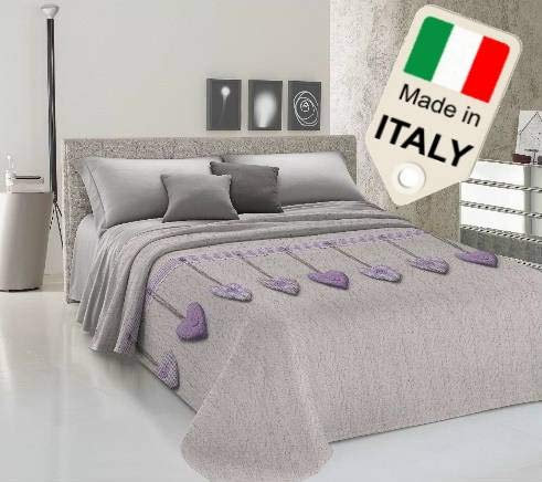 Biancheria&Casa Copriletto Estivo Primaverile Stile Shabby con Cuori Moda in Cotone di Piquet : Colore - Lilla, Misura - Una Piazza e Mezza
