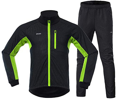 GITVIENAR Fahrrad Trikot Set Winter, Radjacke +Lange Radhose Wasserdicht Winddicht Atmungsaktiv Reflektierend Warm Fleece Fahrradbekleidung Set Radtrikot Herren Damen (Grün, M)