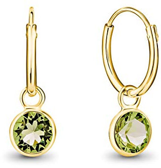DTPsilver® KLEINE Creolen Ohrringe 925 Sterling Silber Gelb Vergoldet mit Swarovski® Elements Kristall Rund - Mädchen - Dicke 1.5 mm - Durchmesser 14 mm - Farbe : Peridot