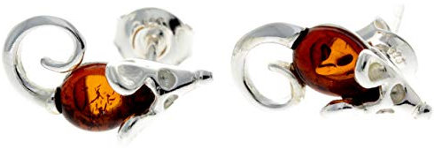 Genuine Natural Cognac Baltic Amber and 925 Sterling Silver Tiny Mouse Studs Earrings GL188C