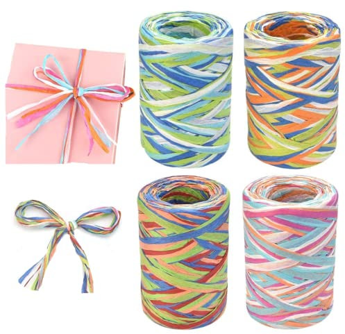 JUNMEIDO Papierband Raffia 4 Rollen Bast Raffia Häkeln Bast Band Bunt Bastbänder Bunt Papierband Basteln Geschenkband Raffia Paper Ribbon Weihnachter für Geschenkverpackung, Deko 4-Farbe n Mischen