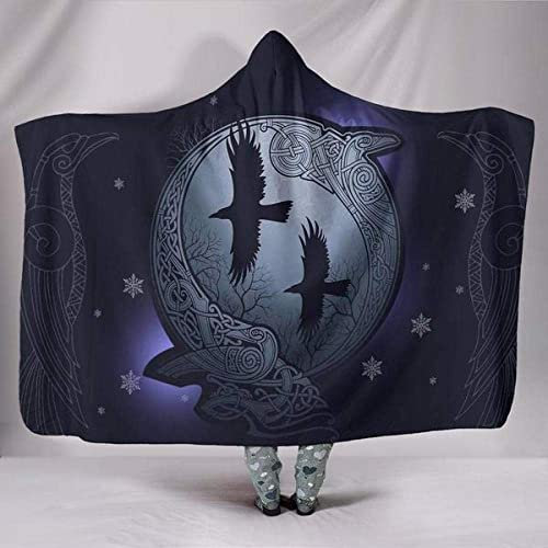 YEOL Wikinger Odins Decke mit Kapuze Weich Wohndecke Schlafdecke Sofadecke Plüschdecke Pelzdecke Wearable Nordisch Mythologie Sherpa Blanket (Odins Vogel, Erwachsener 150x200cm)
