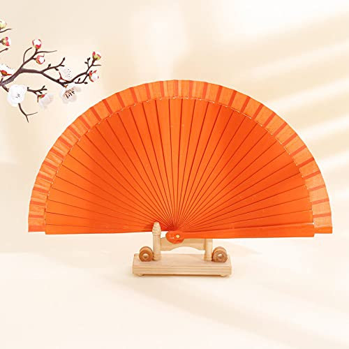 qbodp 2 Pcs Wooden Folding Hand Fan for Women,Spanish Vintage Folding Fan 9 Inches Portable Foldable Fan for Wedding,Dance,Party,Performance,Orange