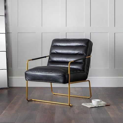 Julian Bowen Giorgio Accent Chair, Faux Leather, Black & Gold - H82 x W78cm | Modern Accent Chair for Living Room, Padded Seat, Metal Frame, Gold-Finish Details