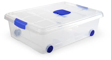 ForenTex Caja Almacenaje Plástico 31L con Tapa y Cierres (N6) – Transparente, Apilable, para Documentos, Revistas, Ropa Delicada y Juguetes Medianos