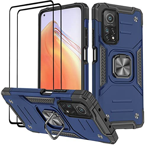 KANSi Hülle für Xiaomi Mi 10T PRO/Mi 10T, Schutzfolie [2 Stück] Silikon TPU Hart PC Handy Hüllen 360 Grad Drehbar Ringhalter Bumper Stoßdämpfung Schutzhülle - Blau