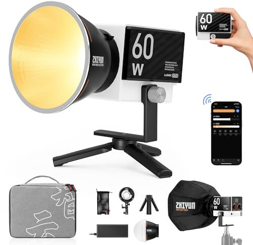 ZHIYUN Molus G60 Combo [Official] Videoleuchte 60W, COB LED Videolicht Tragbar, Bi-Color Streaming Licht mit 11194 Lux/ 2700~6500K/ CRI≥96/ TLCI≥97/ Bluetooth, Video/Foto Licht für YouTube TikTok