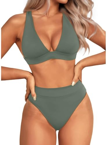 Yonique Thong Bikini Set High Waisted Two Piece Swimsuit High Cut Bikini V Neck Bathing Suit, Army Green, S