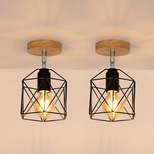 Tealight 2 Stück Deckenlampe, Vintage Deckenleuchte Industrial Design aus Metall und Holz Ø14cm Retro E27 Lampe aus Eisen Käfig Pendelleuchte Schwarz
